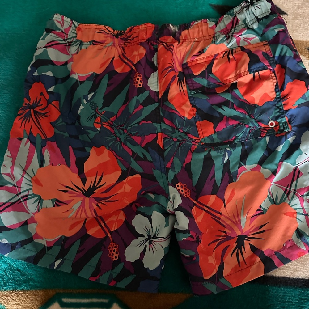 Arizona Jeans—Tropical Floral Swim Trunks - Orange & Teal Hibiscus Print. Size L